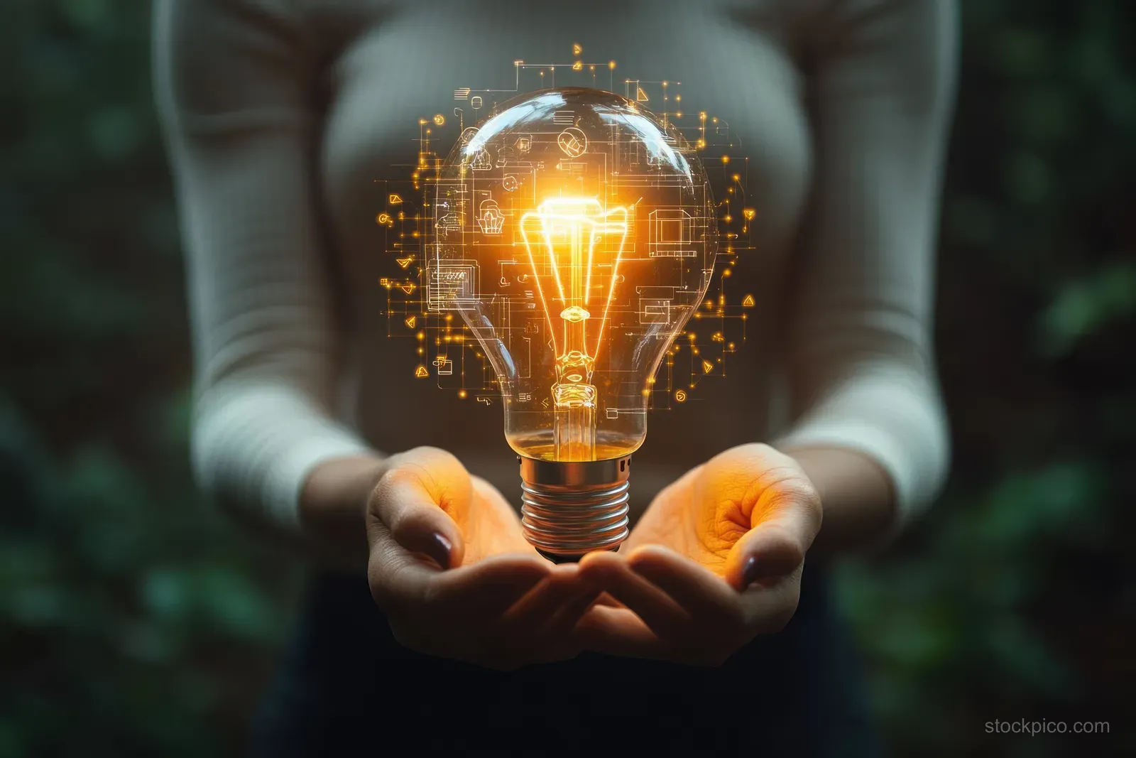 Hands gently hold a glowing light bulb surrounded by floating digital technology icons in a dark setting.