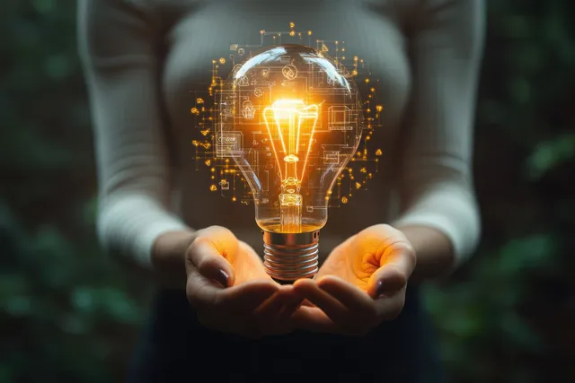 Hands gently hold a glowing light bulb surrounded by floating digital technology icons in a dark setting.