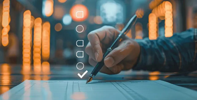 Businessman signing checklist approval with pen, document control concept at office desk