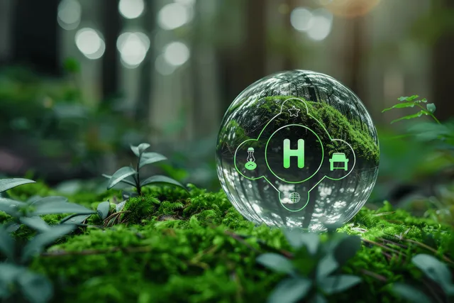 A glowing glass sphere with hydrogen and charging icons rests on green moss in a forest.