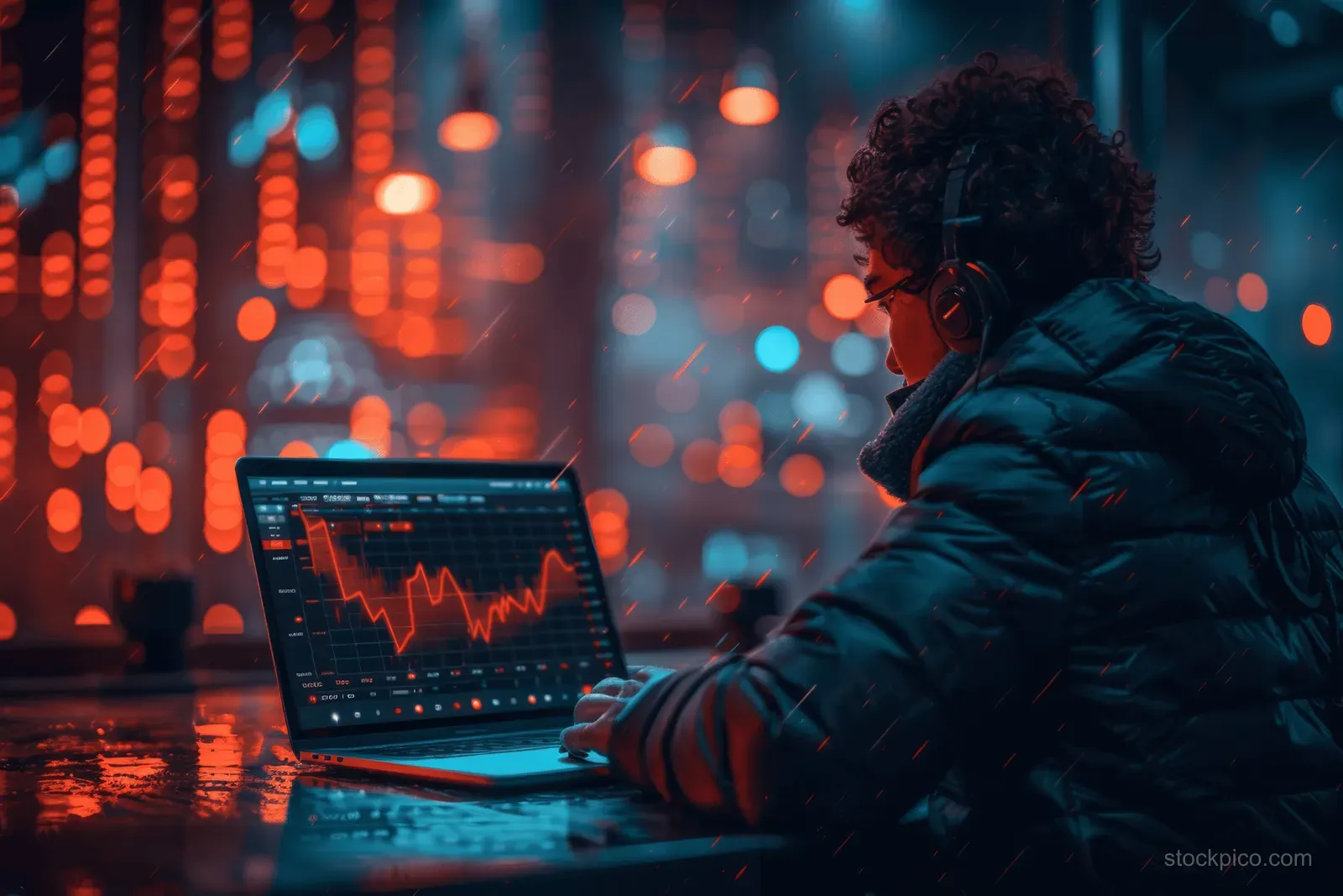 Business analyst in a dark office reviewing a laptop financial chart with glowing data lights behind.