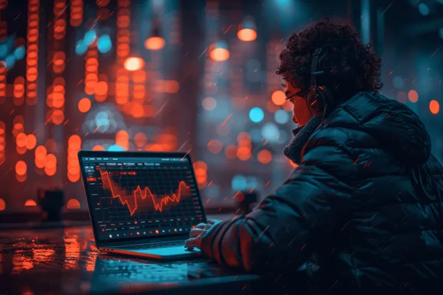 Business analyst reviewing 2024 financial chart on laptop in dim office with neon graphs