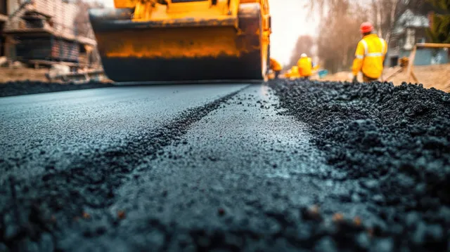 A road roller compacts freshly laid asphalt as workers in orange safety vests guide the paving at a construction site.