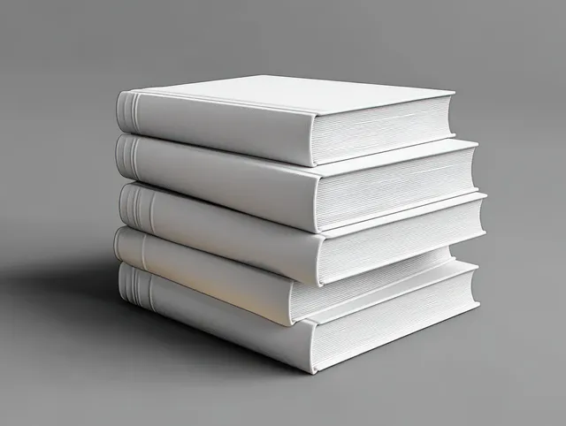 Stack of five closed white hardcover books with crisp page edges on gray background