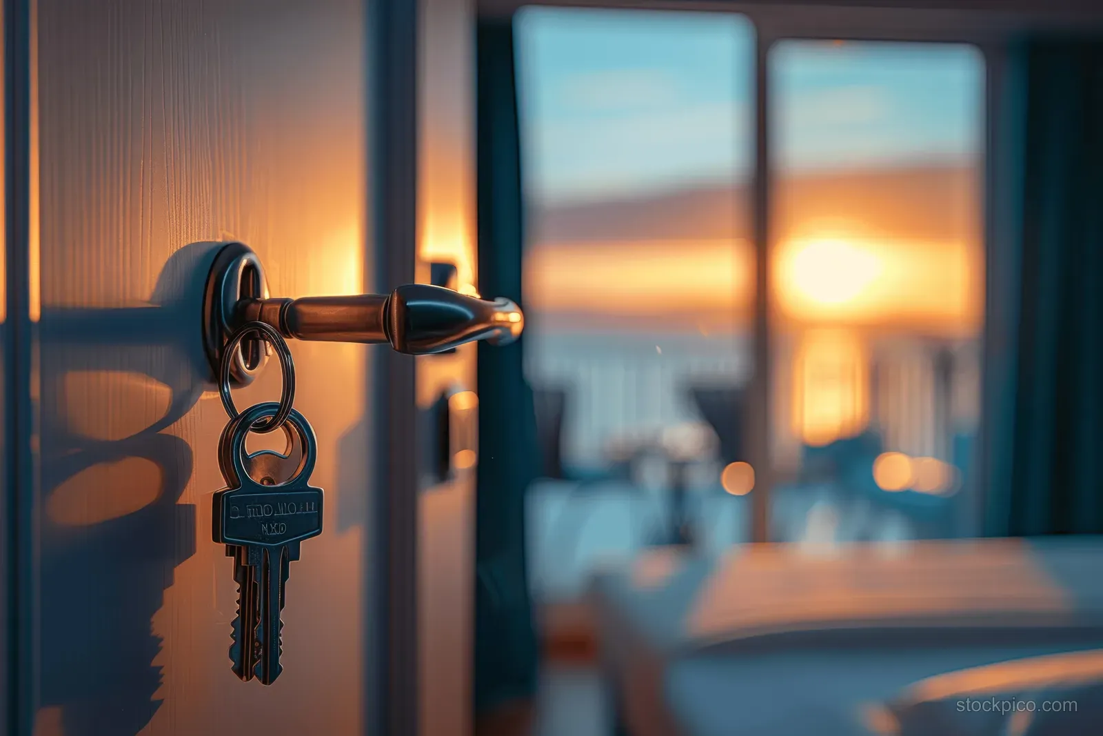 Keys hang from an open hotel room door with a blurred bed and sunset ocean view in the background.