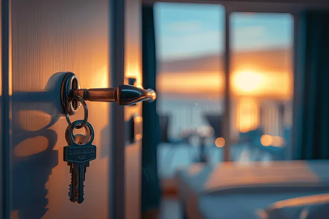 Keys hang from an open hotel room door with a blurred bed and sunset ocean view in the background.