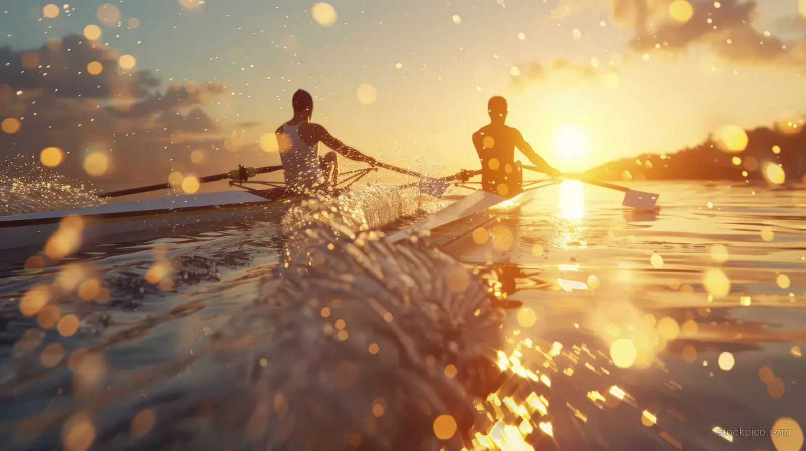 Two male rowers in a double sculls boat race at sunset, kicking up water spray on a lake.