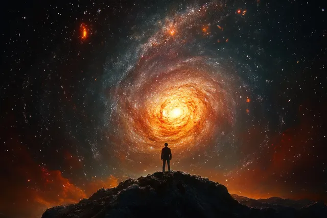 Silhouette figure standing atop rocky hill under swirling galaxy spiral and glowing nebula clouds