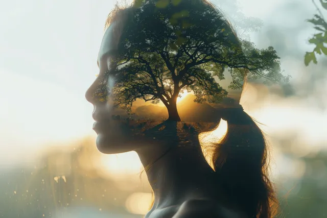 Woman’s profile silhouette with a tree overlay and sunrise glow suggesting calm mental health and nature connection.