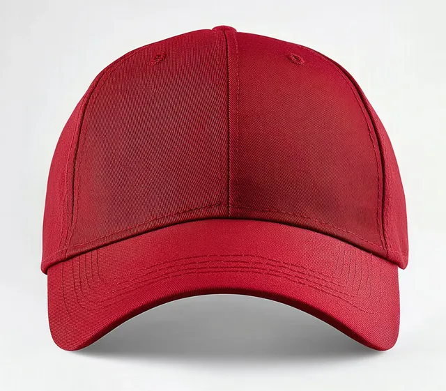 Red baseball cap with curved brim and visible stitching on clean white background