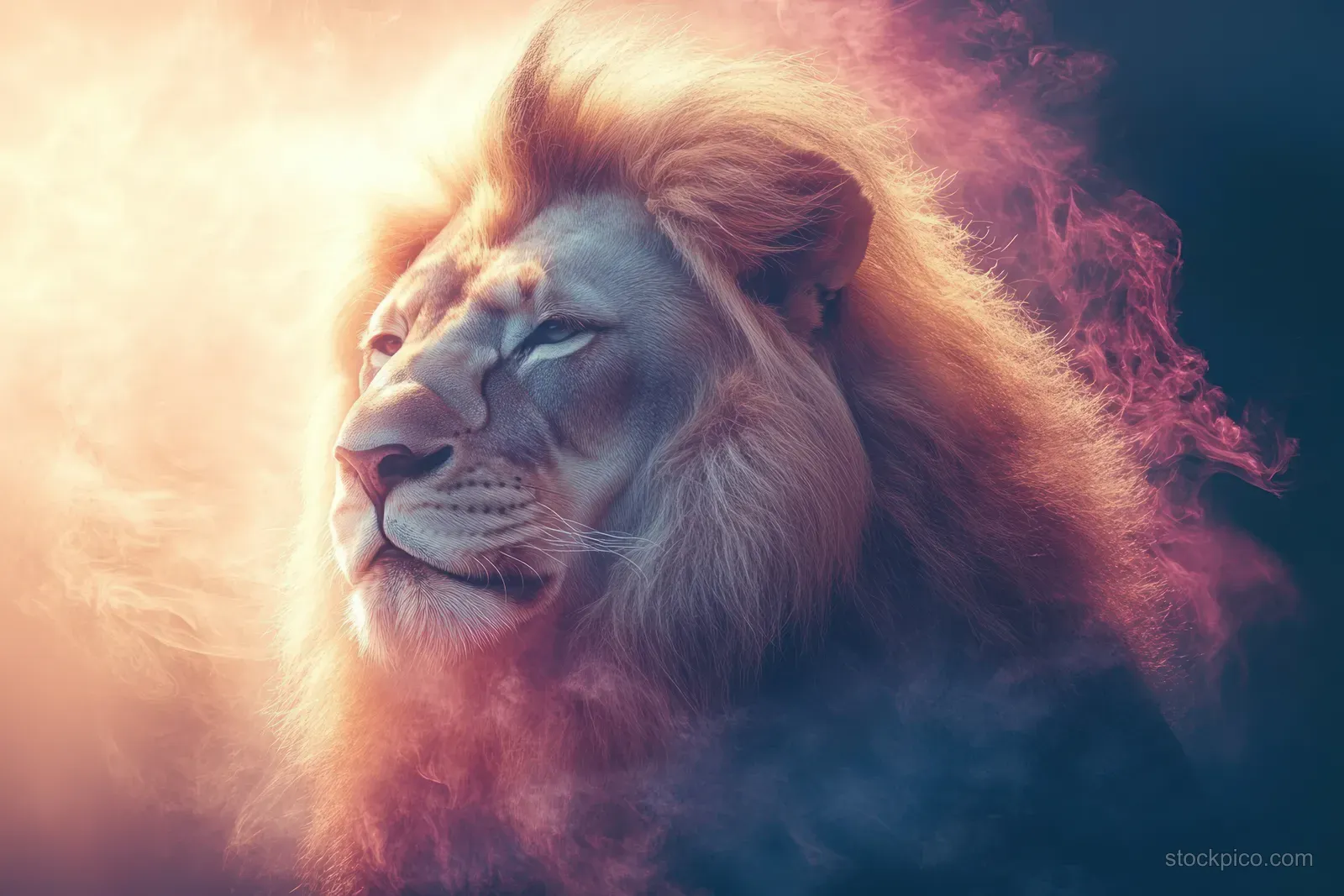 A lion-human fusion silhouette emerges in a dreamlike cityscape under soft ethereal light.