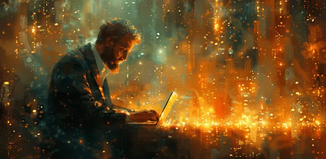 An IT support engineer types on a laptop as glowing cybersecurity network code spreads around them.