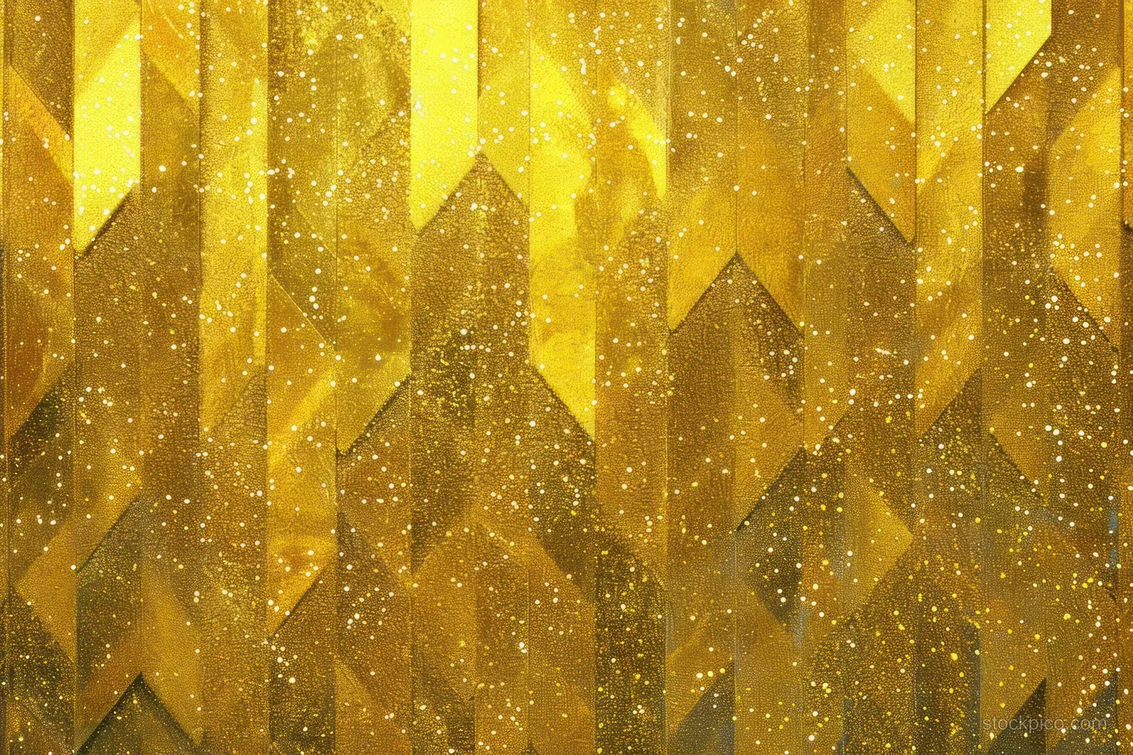 Golden abstract geometric background with vertical facets and glittering triangular light specks.