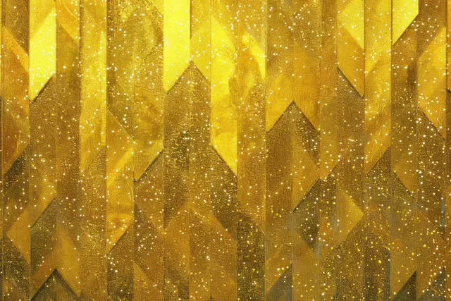 Golden abstract geometric background with vertical facets and glittering triangular light specks.