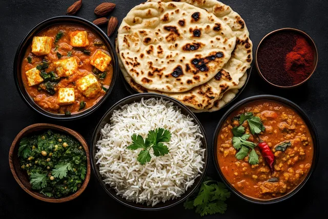 Indian meal thali with basmati rice, paneer curry, dal, naan, green chutney, and cilantro on a dark surface.