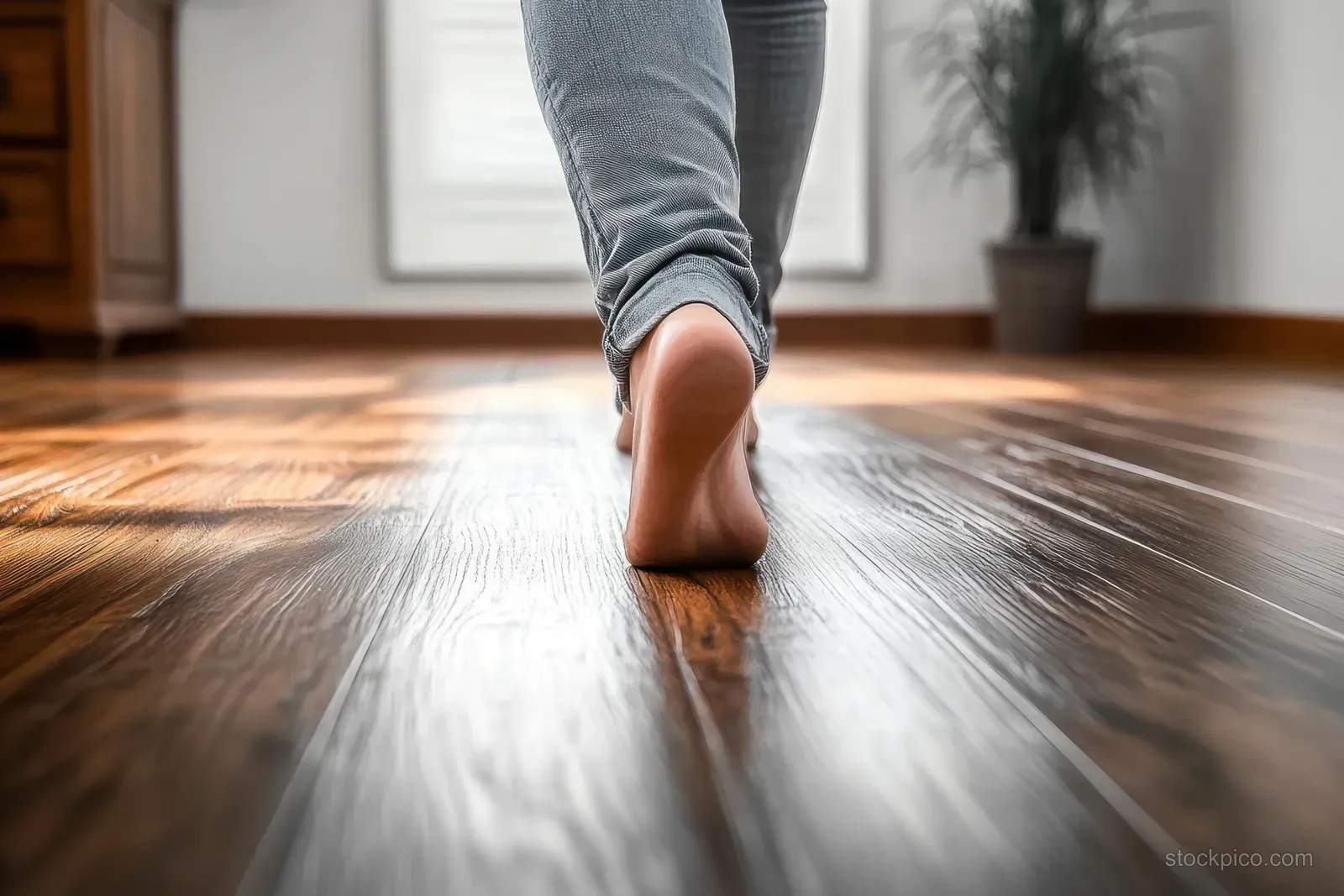 A bare foot stepping on a warm wooden floor with textured grain and soft indoor light.