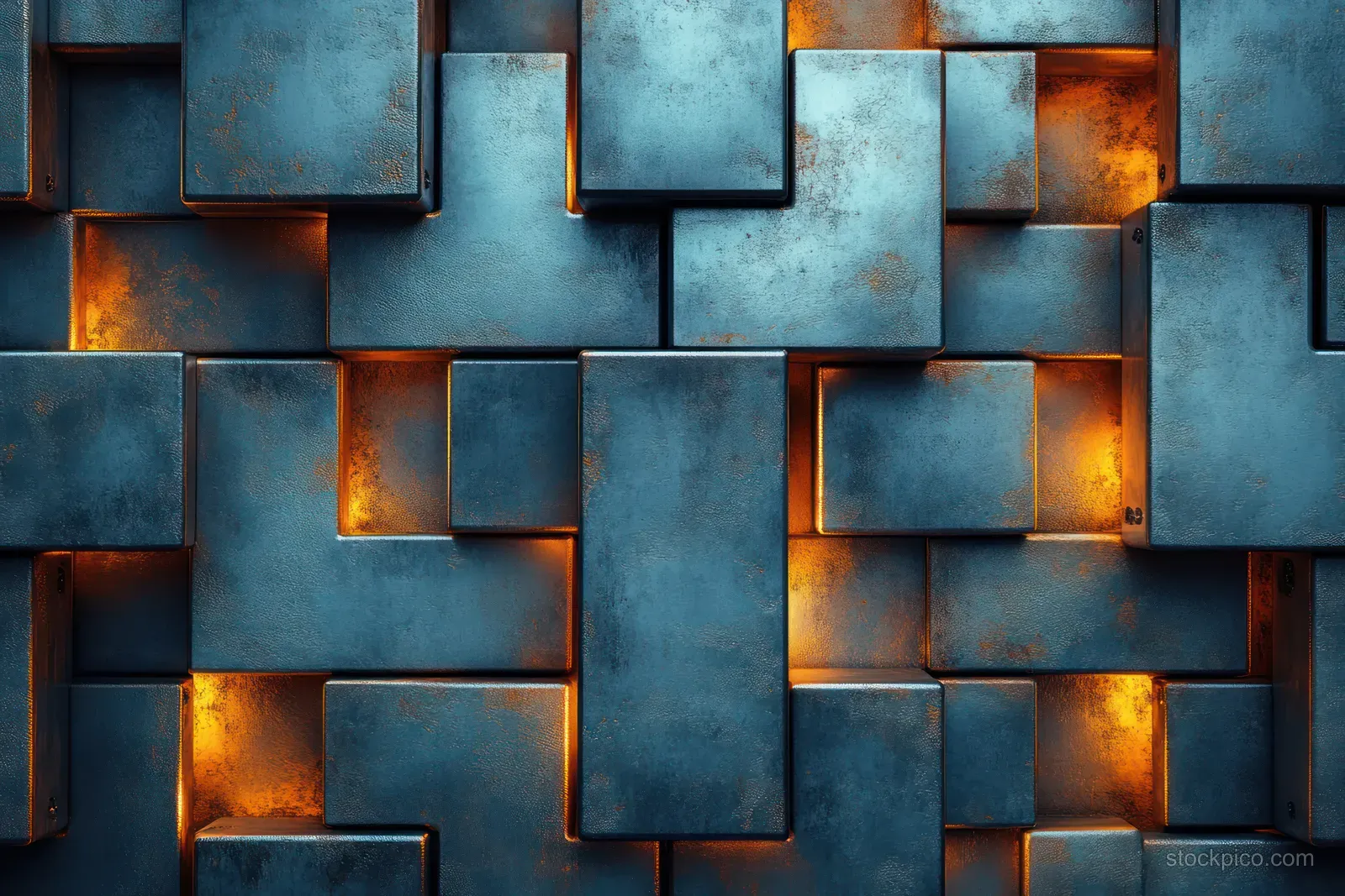 Interlocking blue metal tiles with glowing orange seams form a tight geometric pattern.