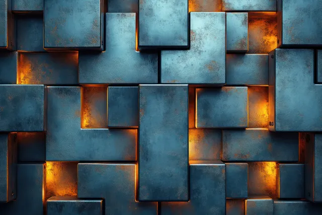 Interlocking blue metal tiles with glowing orange seams form a tight geometric pattern.