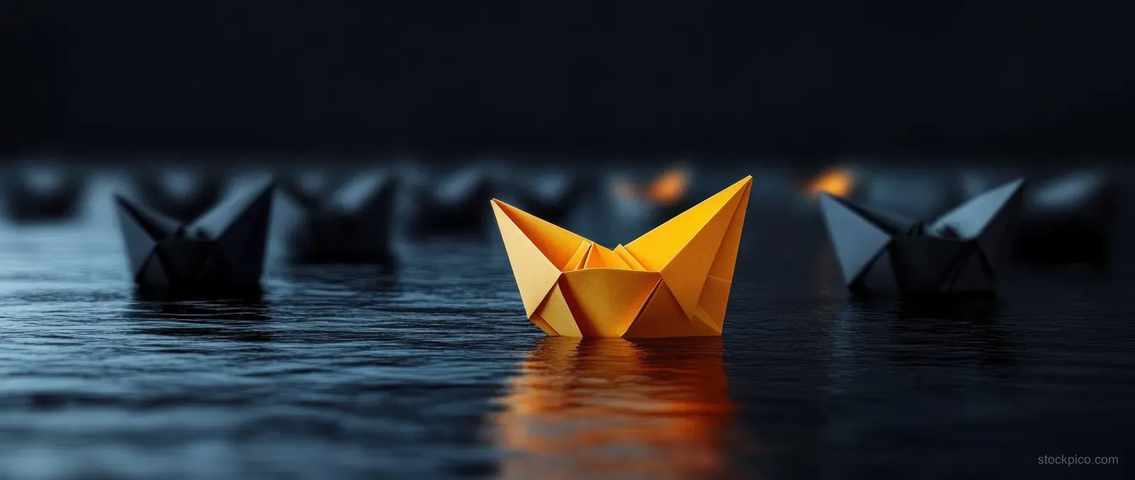 A golden origami boat leads a dark paper fleet across reflective water under dim lighting.