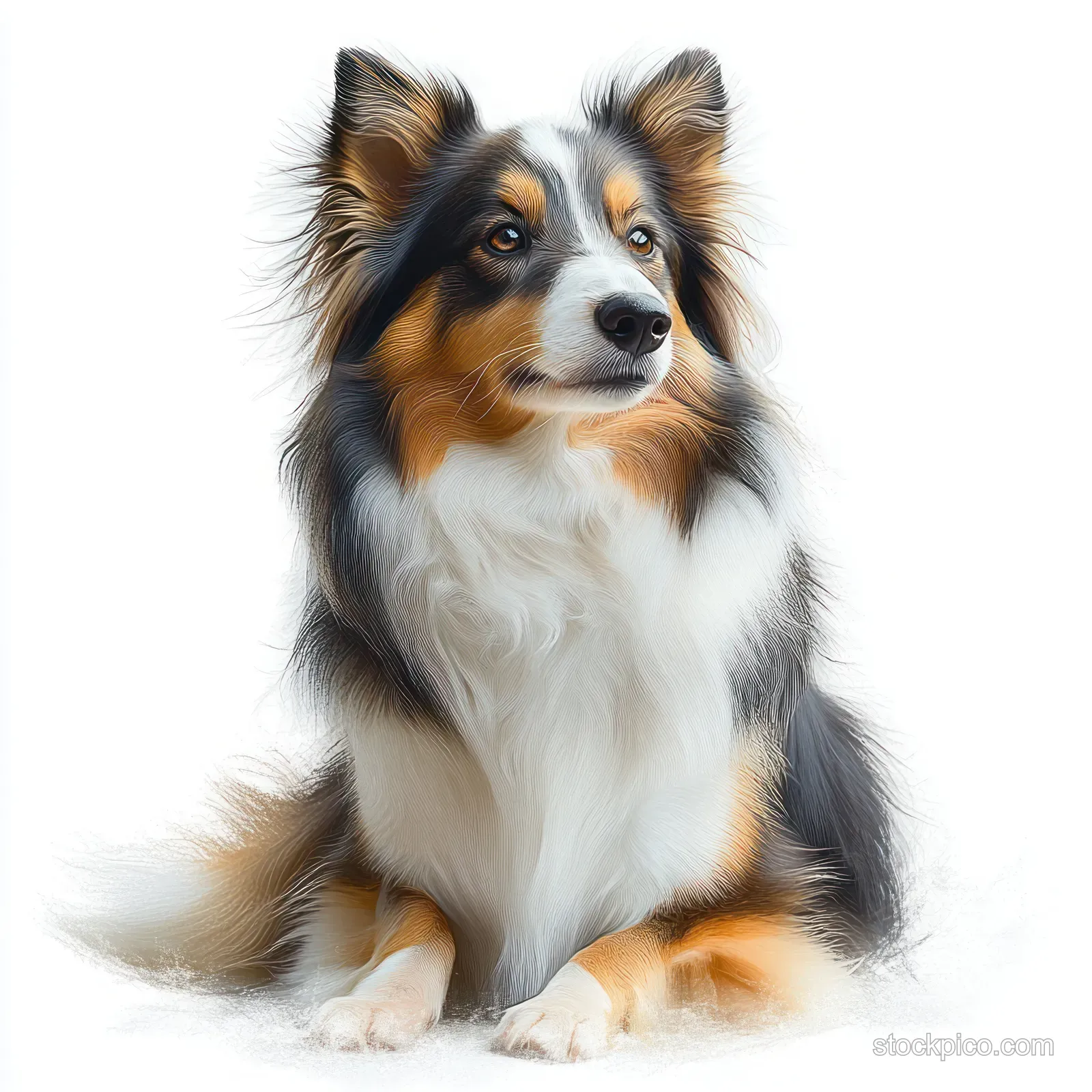 Tricolor Shetland sheepdog sitting on white background with alert ears and soft fur details.