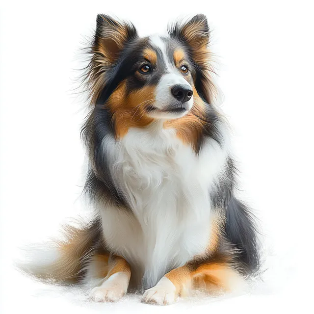 Calm tricolor Shetland sheepdog sitting in studio light on white background, looking slightly aside with Small To Medium Dog