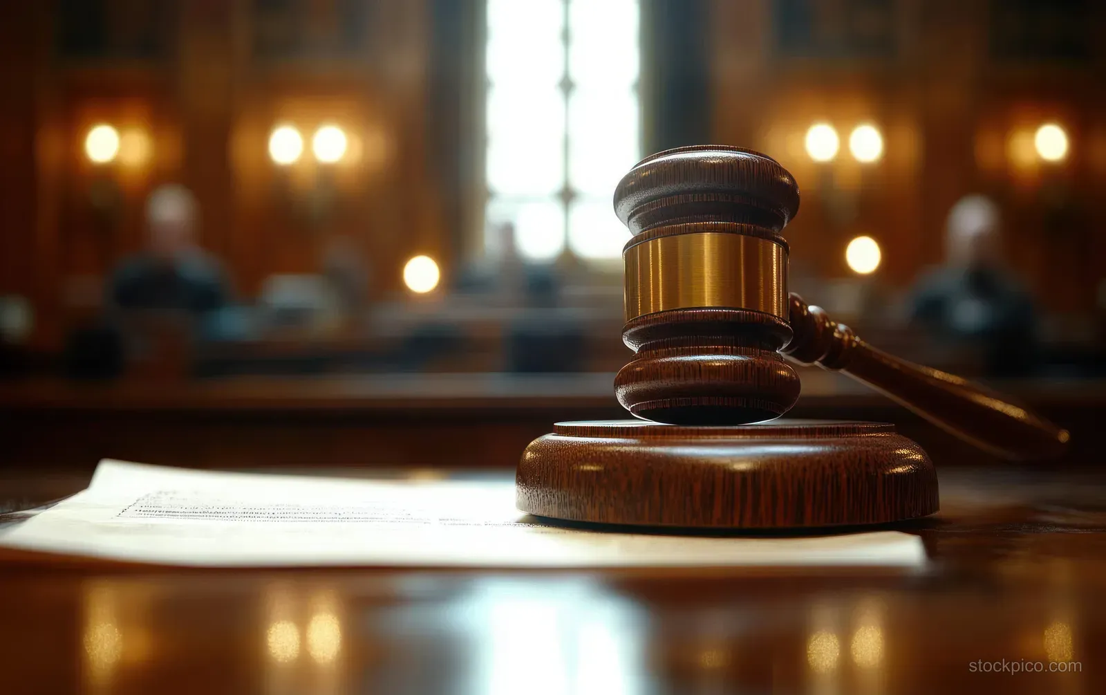 Wooden judge’s gavel sits on a sounding block beside an open legal book in a softly blurred courtroom.