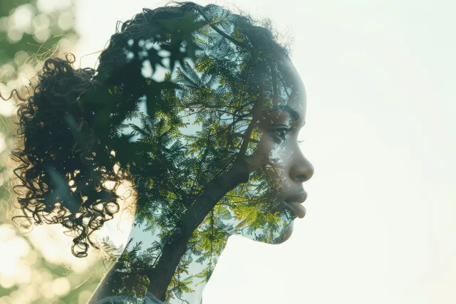 Woman profile silhouette blending into green leaves, calm self-care mood.