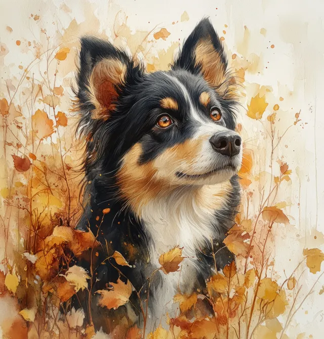 Watercolor portrait of a black-and-white dog in autumn leaves with soft warm light