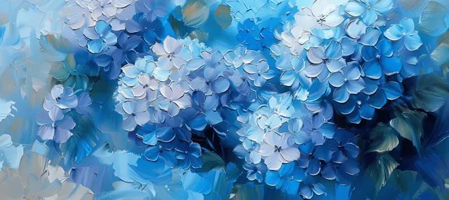 Blue and purple hydrangea blossoms painted in soft impressionist oil style with a dreamy light garden background.