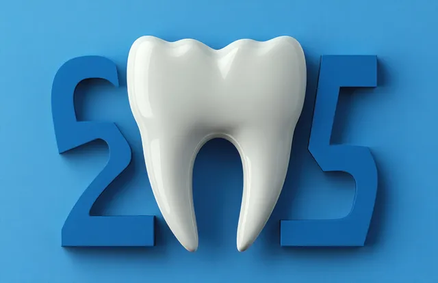 Minimal tooth sculpture with 2025 numerals on blue backdrop for New Year greeting