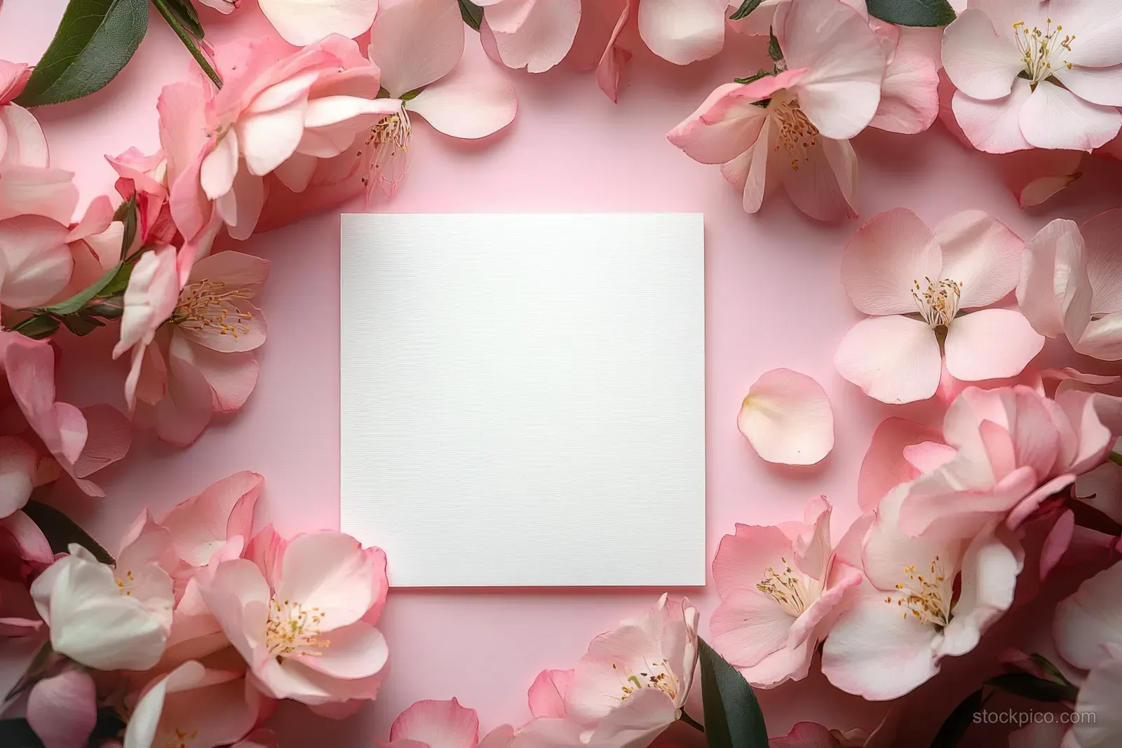 Blank white wedding invitation card centered on a soft pink floral background with scattered pink blossoms.