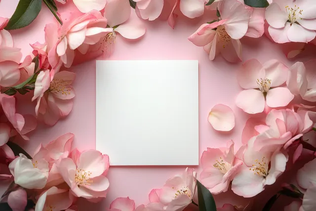 Minimalist blank wedding invitation card on soft pink background with delicate pink blossoms