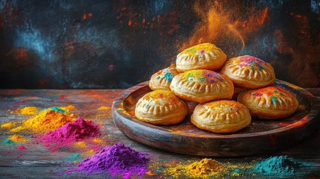 Round pastries stacked on a wooden plate with colorful powder scattered on dark wooden background.