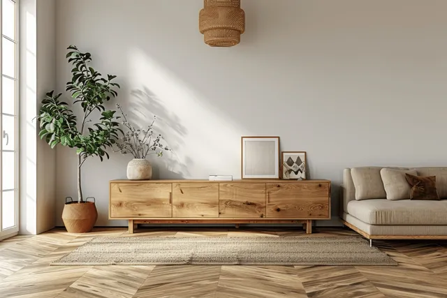 Minimalist living room interior with a wooden sideboard, beige sofa, and a tall potted plant by the window.