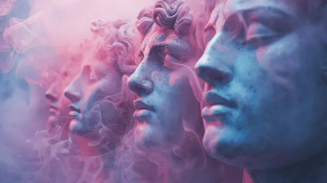 Cabezas de estatuas de mármol con rostros azules aparecen entre una neblina pastel sobre un fondo degradado de rosa a azul.