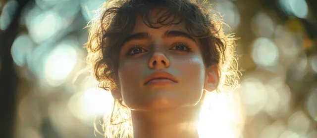 Young man praying outdoors with tears, sunlight rays and soft portrait glow