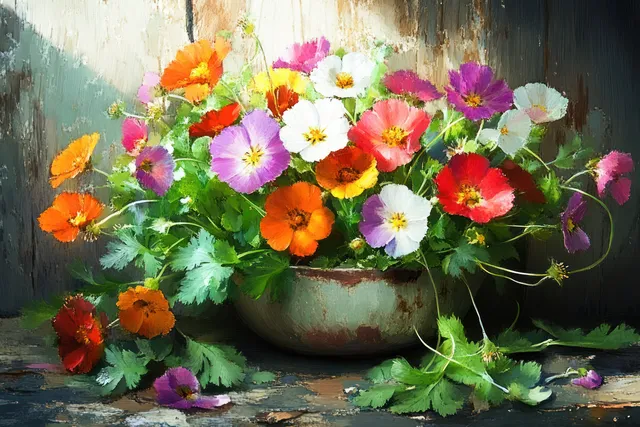 Rustic wild herb salad with edible flowers spilling from a clay bowl