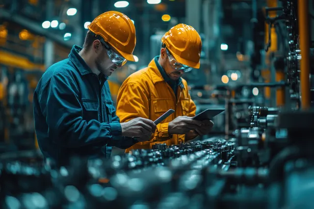Two hard-hat workers review measurement notes on a tablet near aluminum machining equipment in a factory.