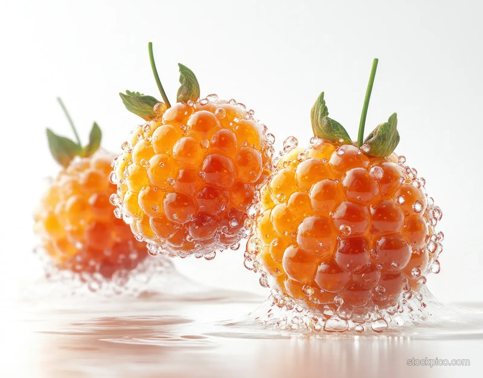 Ripe orange cloudberries float above a white surface with sparkling water droplets around them.
