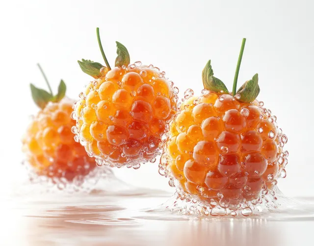 Ripe orange cloudberries float above a white surface with sparkling water droplets around them.