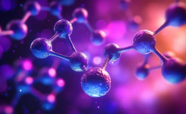 Neon purple and blue molecular spheres glow while hovering over a blurred scientific background.
