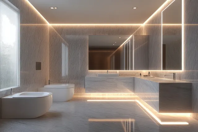 Minimalist bathroom interior with marble walls, a freestanding tub, and warm LED strip lighting reflections on the floor.