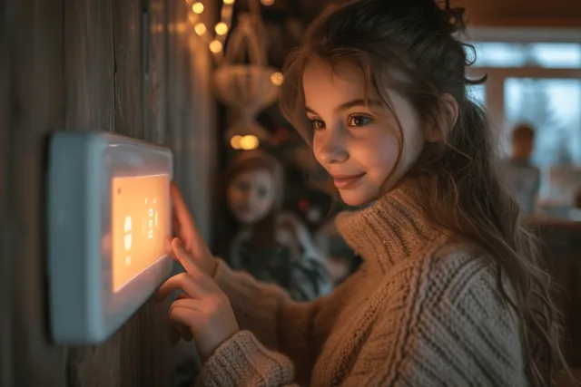 Young woman adjusts a smart thermostat screen in a warmly lit home at dusk.