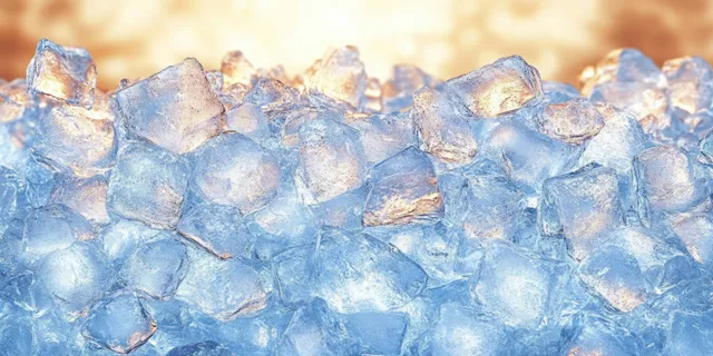 Close-up of crushed ice chunks with blue refraction and sparkling frost texture