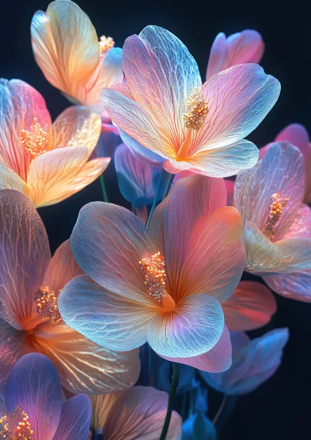 Flores tropicales superpuestas con pétalos luminosos azules, rosas y naranjas llenan el encuadre sobre un fondo oscuro.