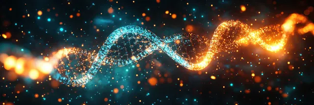 Neon DNA double helix arcs through a cosmic field of glowing bokeh lights in cyan and orange.