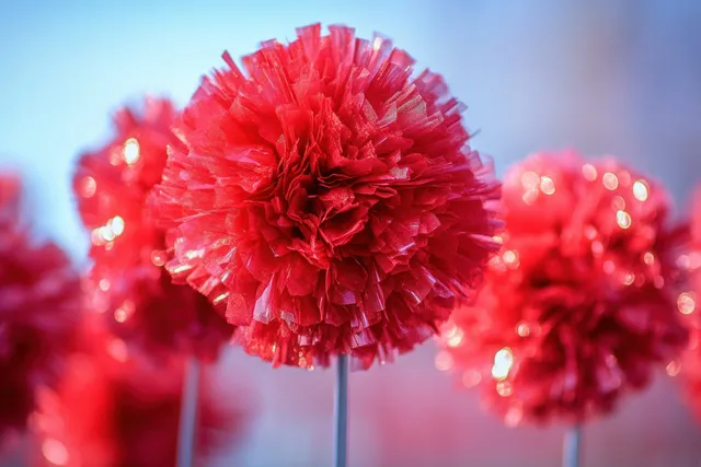 Pompons vermelhos brilhantes de líder de torcida em bastões erguidos contra um fundo de estádio suavemente desfocado à luz do dia.
