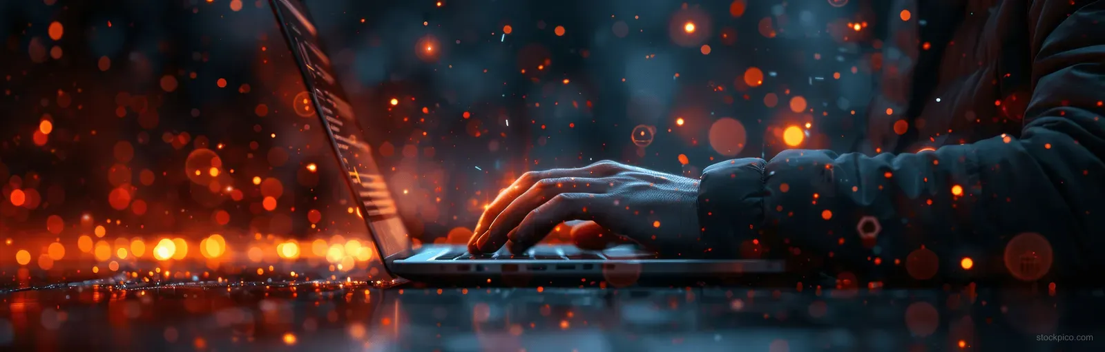 A businessman works on a laptop with glowing growth charts shown on a virtual screen backdrop.
