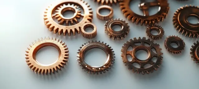 Close-up view of interlocking metallic gears and cogwheels on a smooth reflective surface.