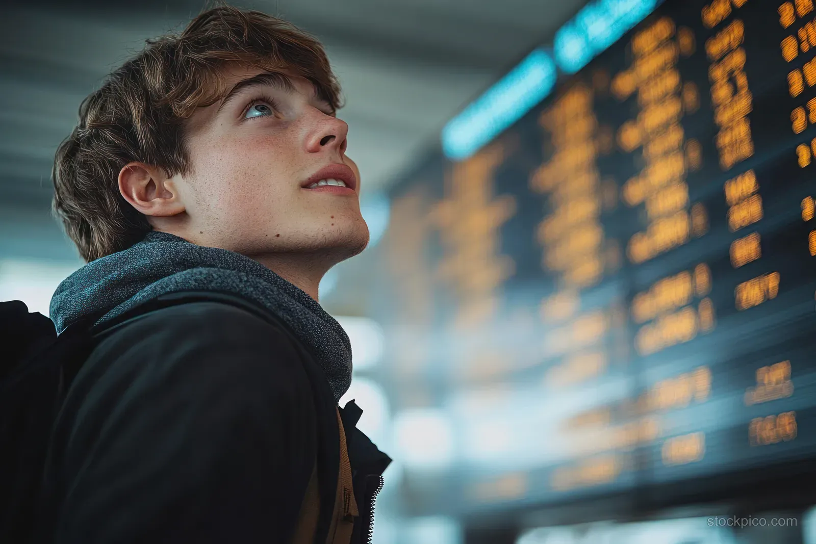 Young man waiting in an airport, looking up at a glowing departure board with flight numbers.